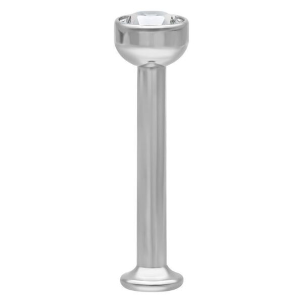 Mini labret de titan plateado con cristal claro sobre fondo blanco