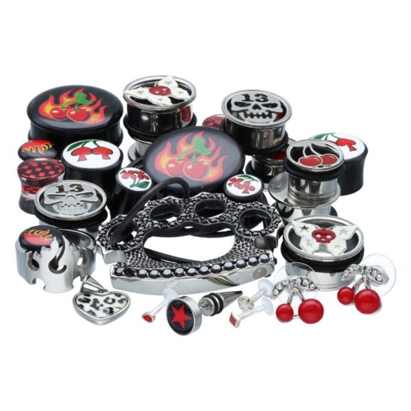 Conjunto de joyas unisex Rockabilly con motivos de cerezas y llamas, titanio
