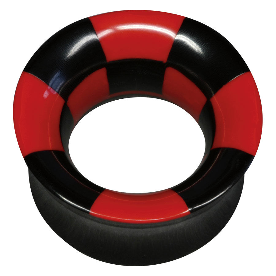 Túnel de Piercing a Cuadros Negro-Rojo Túnel redondo de cuerno con patrón de cuadros negros y rojos sobre fondo blanco