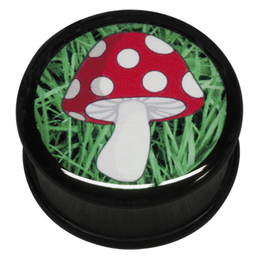 Plug de Amanita Roja de PMMA 20mm Plug negro con motivo de amanita roja sobre fondo verde