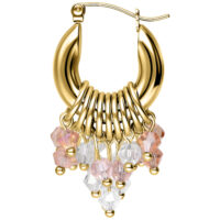 Aros dorados con cristales rosas y claros sobre fondo blanco