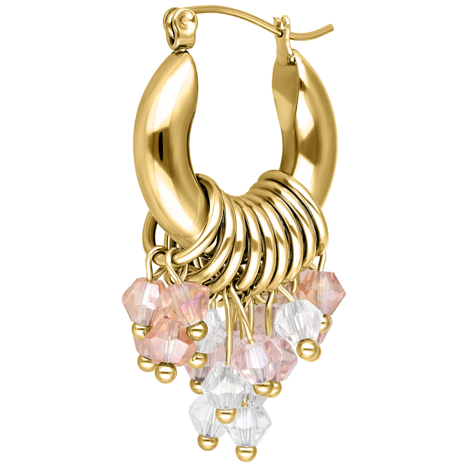 Aros dorados con colgantes de cristal rosa y claro sobre fondo blanco