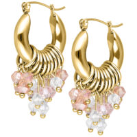 Pendientes Glamour Hoops dorados con cristales rosas y claros sobre fondo blanco