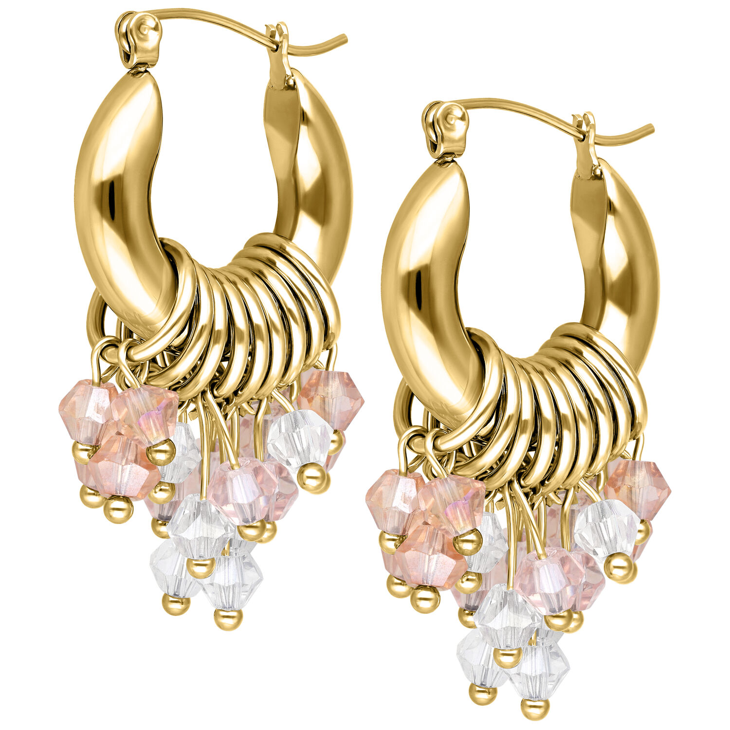 Pendientes Glamour Hoops dorados con cristales rosas y claros sobre fondo blanco