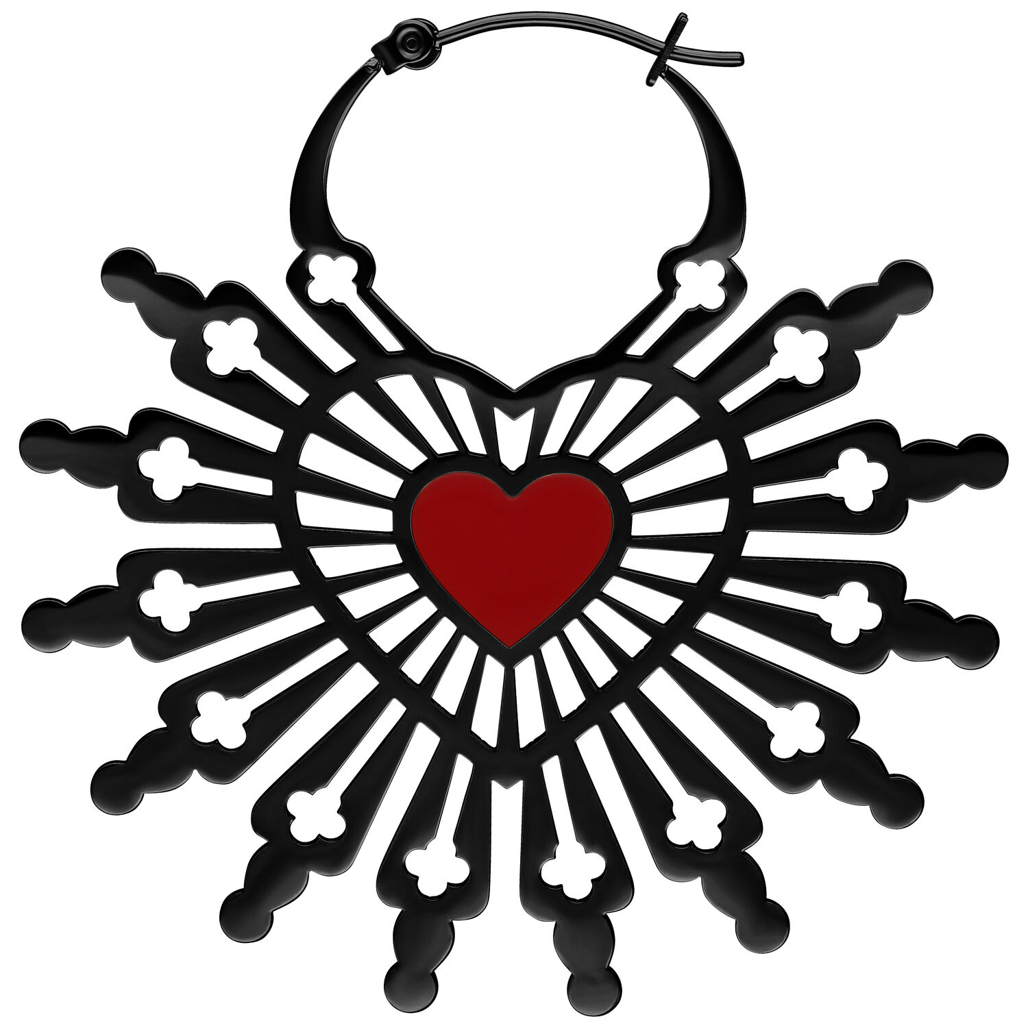 Schwarze Sacred Heart Hoops Ohrringe Schwarze Ohrringe in Herzform mit roten Akzenten auf weißem Hintergrund