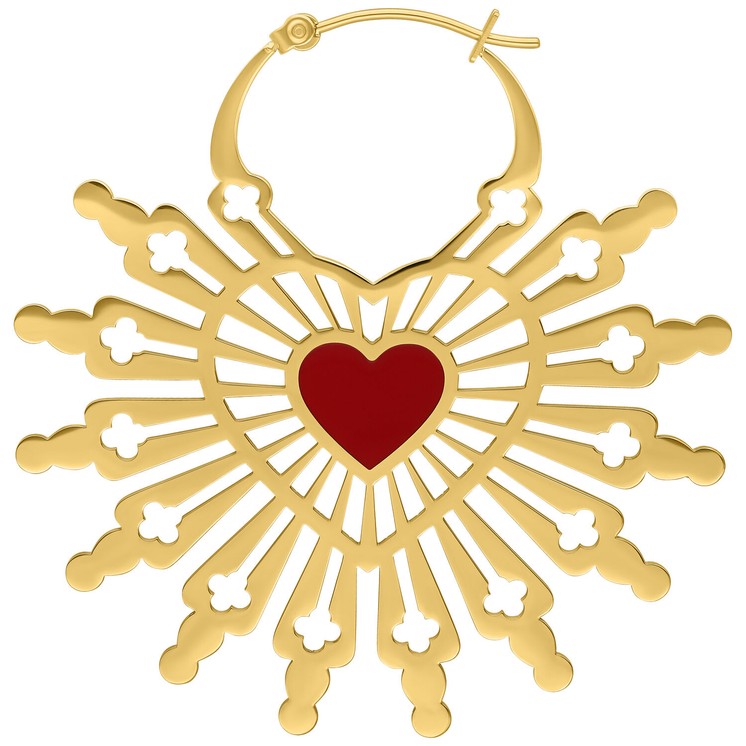 Pendientes dorados en forma de corazón con un corazón rojo en el centro sobre fondo blanco