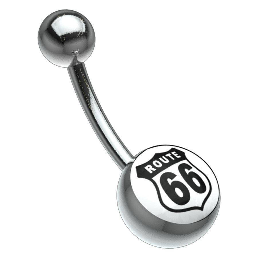 Piercing de ombligo plateado con escudo Route 66, titanio grado 23