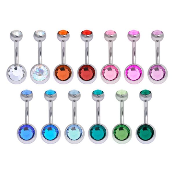 Piercing de ombligo con doble cristal en varios colores sobre fondo blanco