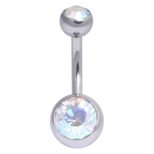 Silbernes Bauchnabelpiercing mit Aurora Boreale Kristallen auf weißem Hintergrund