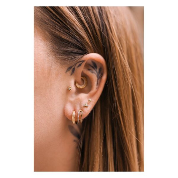 Oreja con varios piercings dorados, incluyendo un Rivet Clicker, sobre un fondo claro