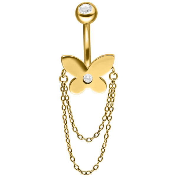 Banana Bell dorado con mariposa y cadenas sobre fondo blanco