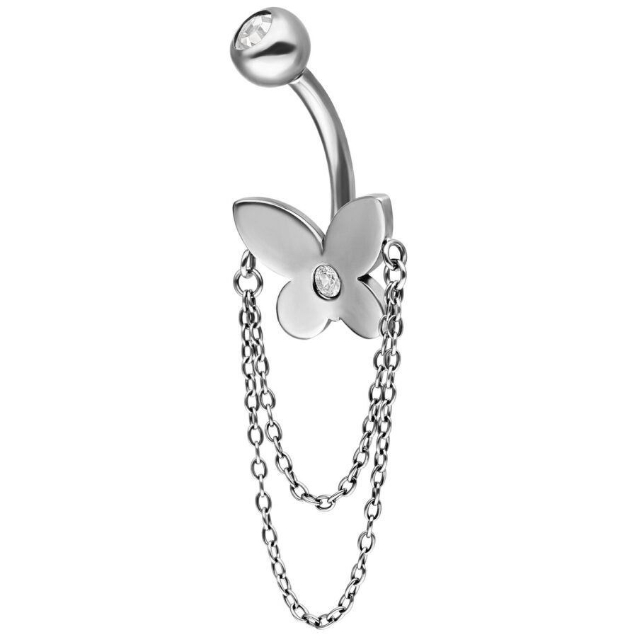 Banana Bell plateado con colgante de mariposa y cadenas sobre fondo blanco