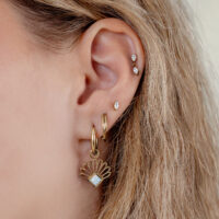 Aros de abanico de oro con ópalo en la oreja Aros de oro con ópalo sintético en oreja femenina, cabello rubio