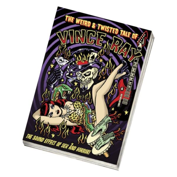 Portada colorida del libro con esqueleto, mujer y guitarra sobre fondo morado