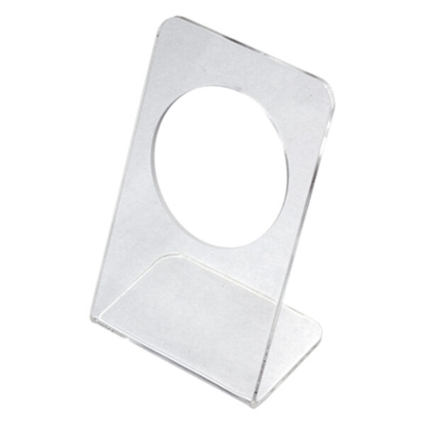 Expositor de acrílico transparente con apertura circular sobre fondo blanco