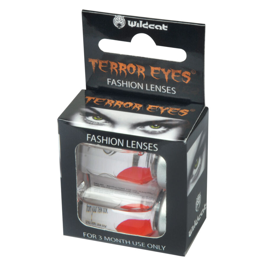 Lentes de contacto Terror Eyes en empaque rojo Lentes de contacto rojos Terror Eyes en empaque negro con diseño de ojos