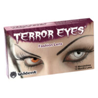 Empaque de las lentes de contacto Terror Eyes con un ojo en blanco y negro.