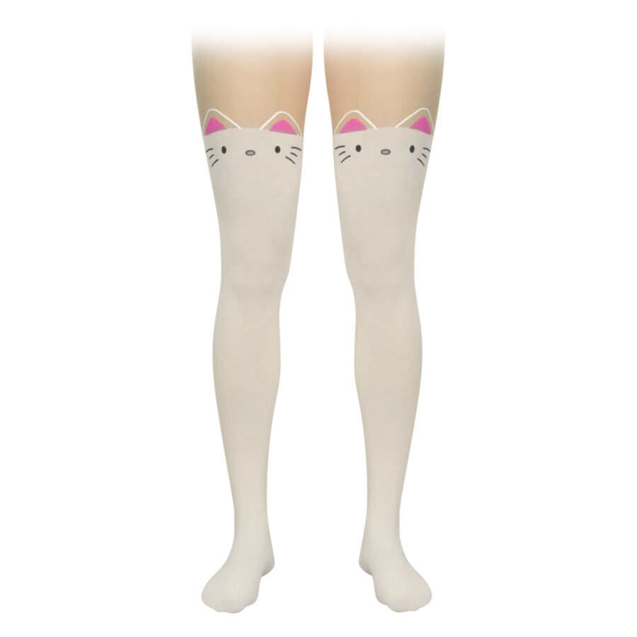 Pantimedias blancas con motivo de gatos Pantimedias blancas con motivo de gatos lindos en los muslos