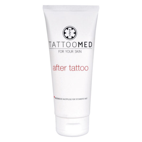 Tubo blanco de TattooMed® After Tattoo Crema 100ml sobre fondo blanco