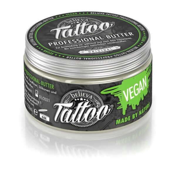 Believa Tattoo Butter en lata redonda, fórmula vegana, diseño verde