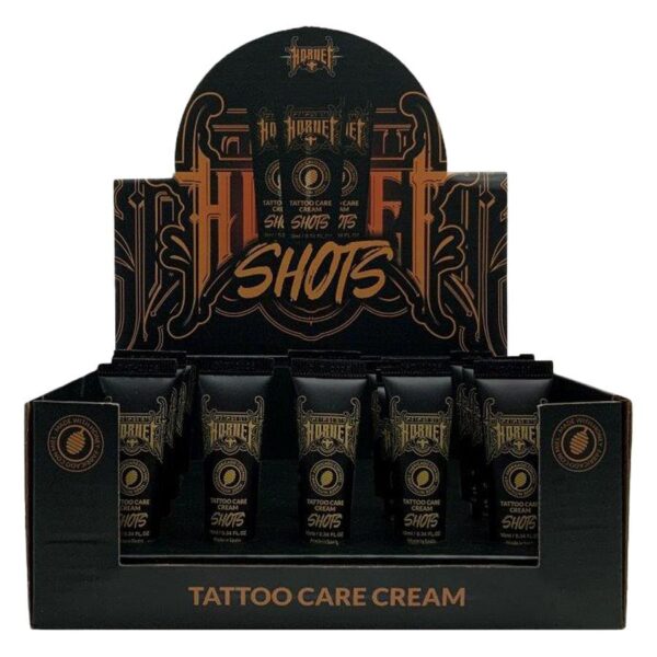 Caja negra con Shots de Crema para Cuidado de Tatuajes, texto decorativo, marca Wildcat