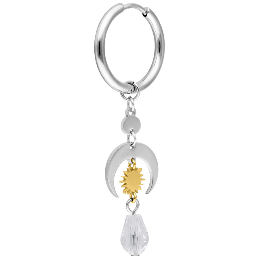 Pendiente de plata con sol dorado y colgante de cristal claro