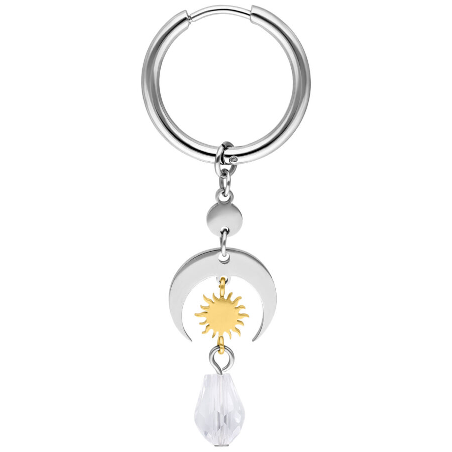 Aros de plata y oro con colgante de cristal sobre fondo blanco