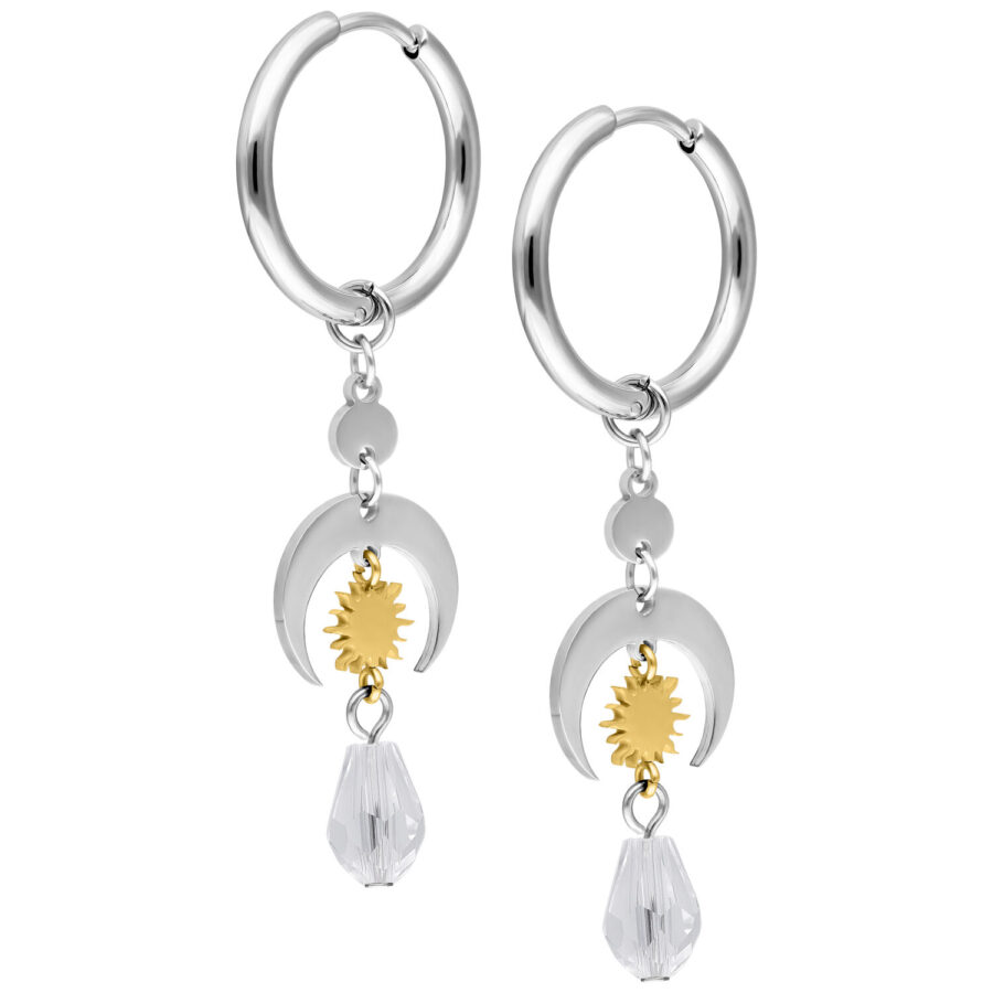 Pendientes de acero inoxidable plateados con detalles dorados y colgante de cristal