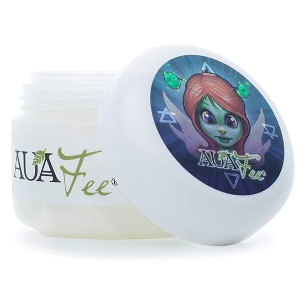 Bote blanco de Auafee Premium Skincare con tapa abierta e ilustración colorida