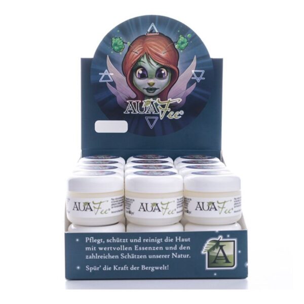 Expositor con cajas de Auafee Skincare, botes blancos, embalaje colorido