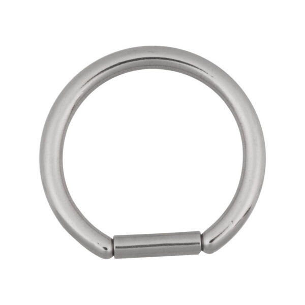 Anillo segmentado redondo plateado de acero quirúrgico sobre fondo blanco