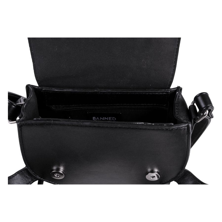 Offene schwarze Kunstledertasche mit Schnallen und Innenfächern