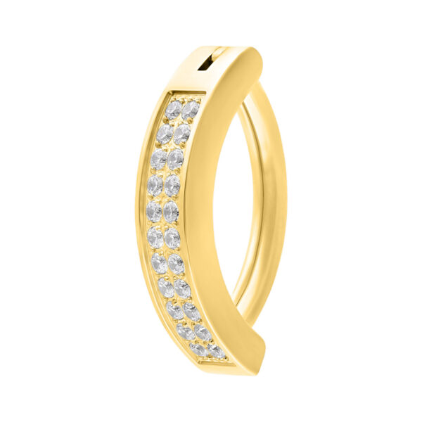 Clicker de ombligo dorado con doble cristal sobre fondo blanco