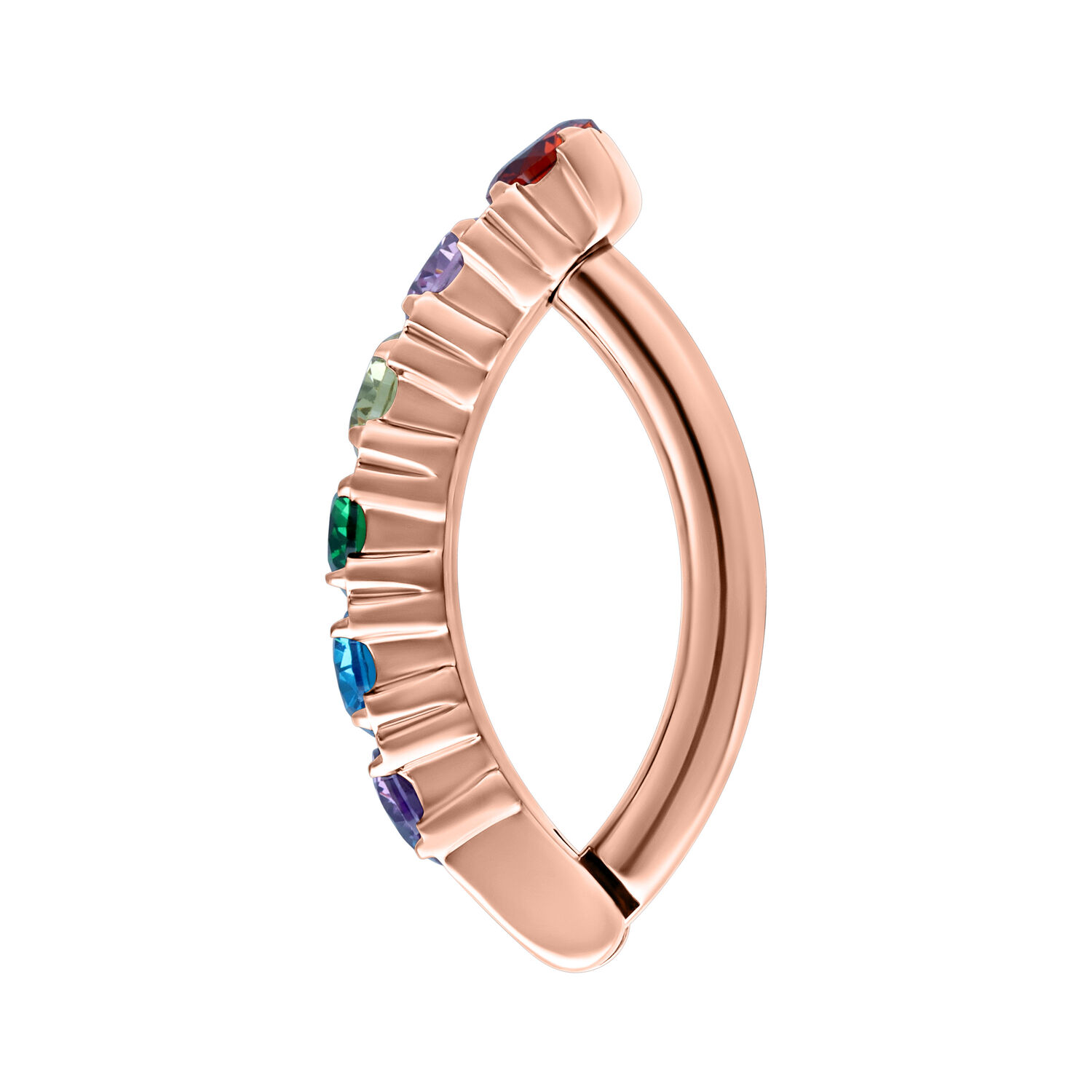 Clicker para ombligo de oro rosa con cristales de colores sobre fondo blanco