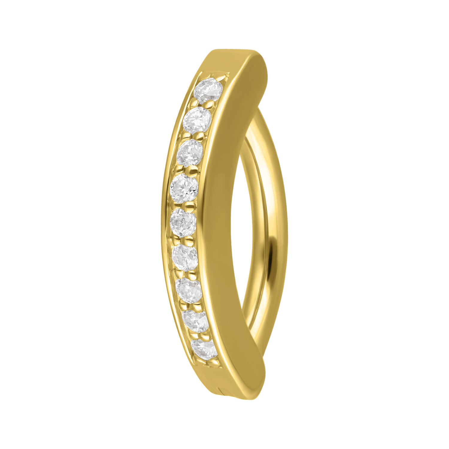 Clicker de ombligo de oro 14K con cristales de moissanita sobre fondo blanco