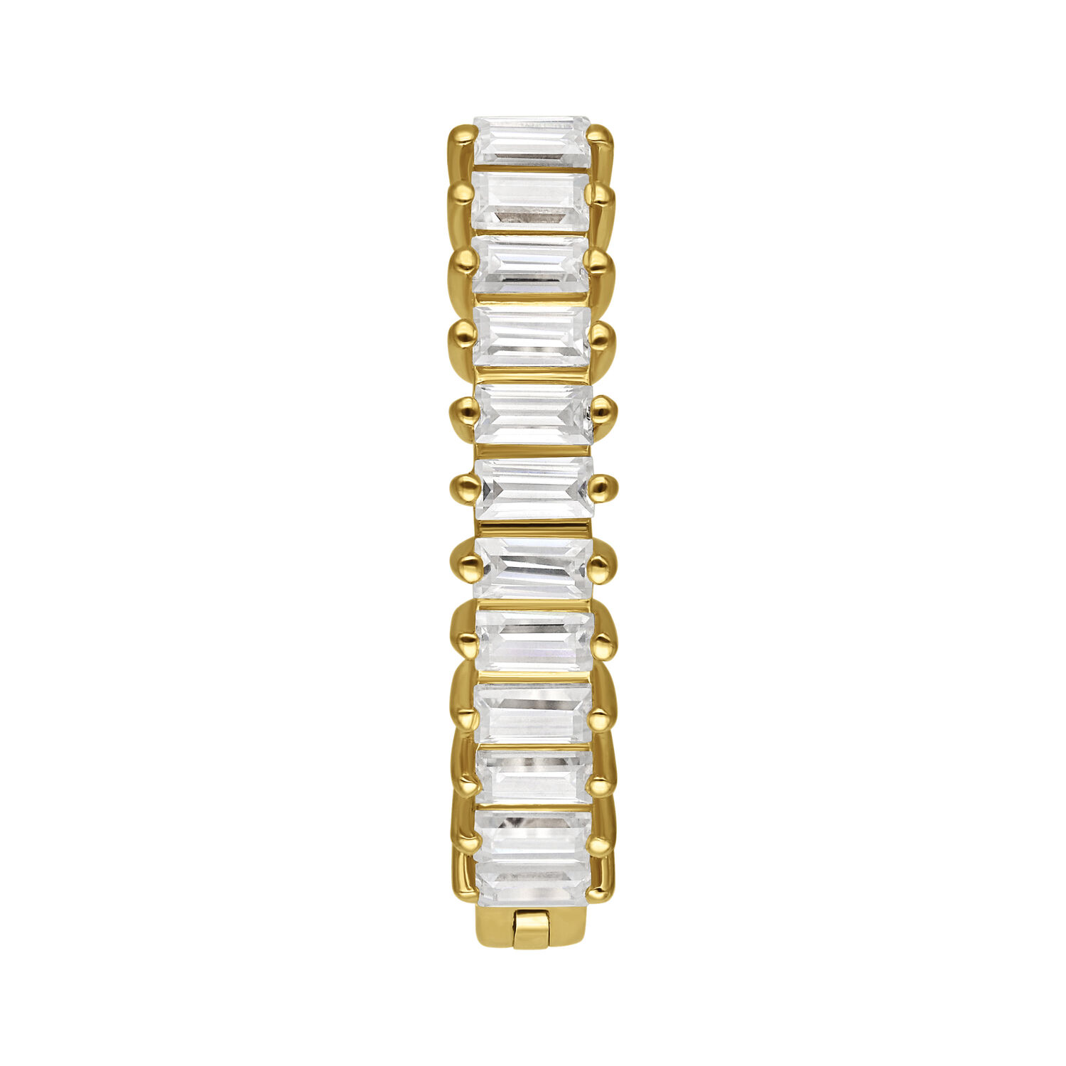 Clicker de oro para ombligo con cristales de moissanita rectangulares sobre fondo blanco