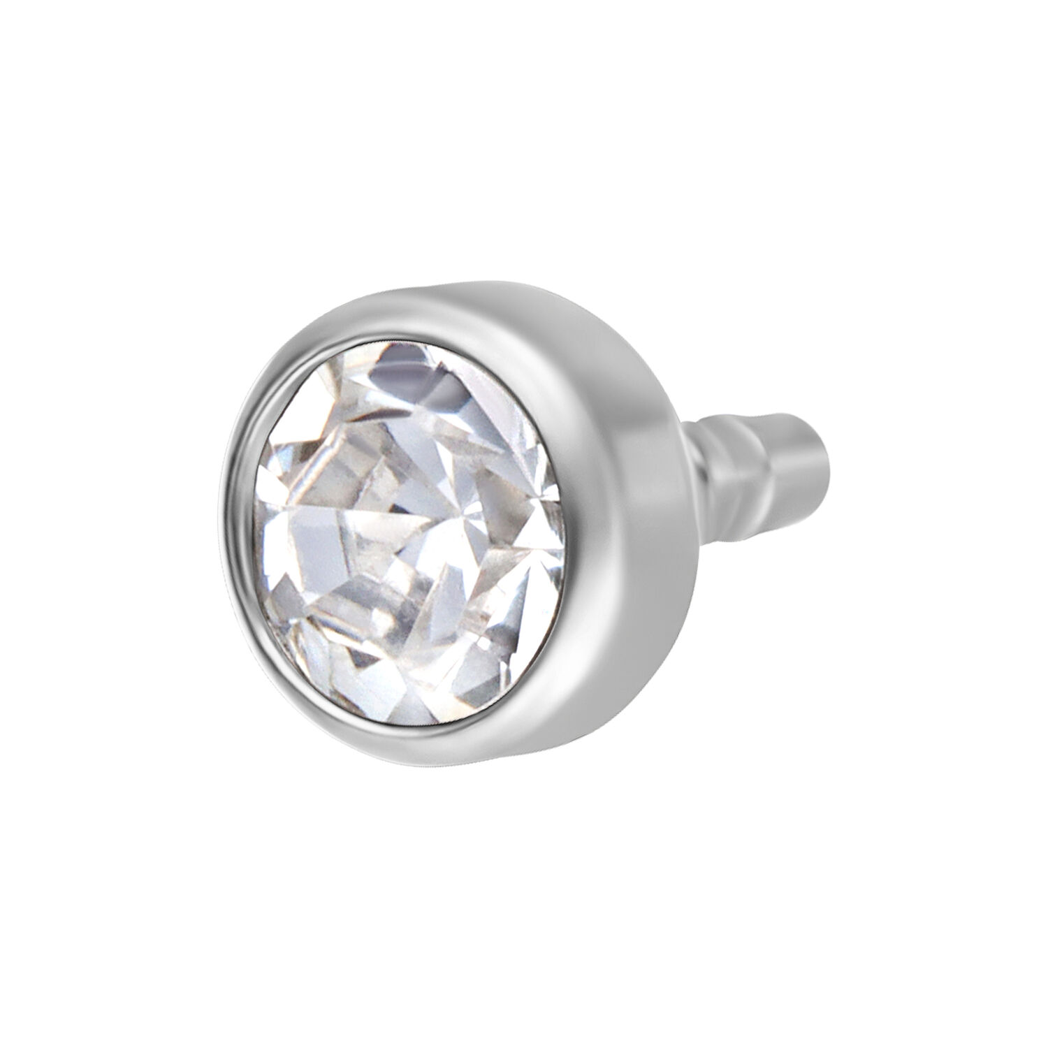 Cristalino Titanio Push Fit Adorno 3 mm Adorno de titanio plateado con piedra cristalina sobre fondo blanco