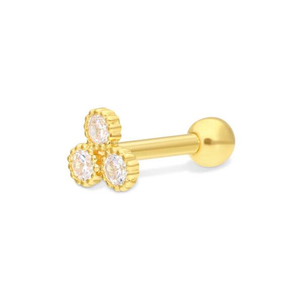 Barbell de oro para oreja de 750 con tres cristales claros sobre fondo blanco