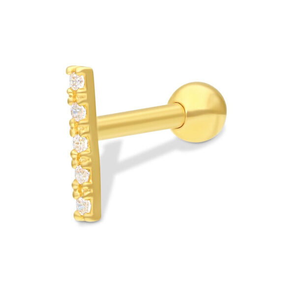 Barbell de oro para oreja con cinco cristales claros sobre fondo blanco