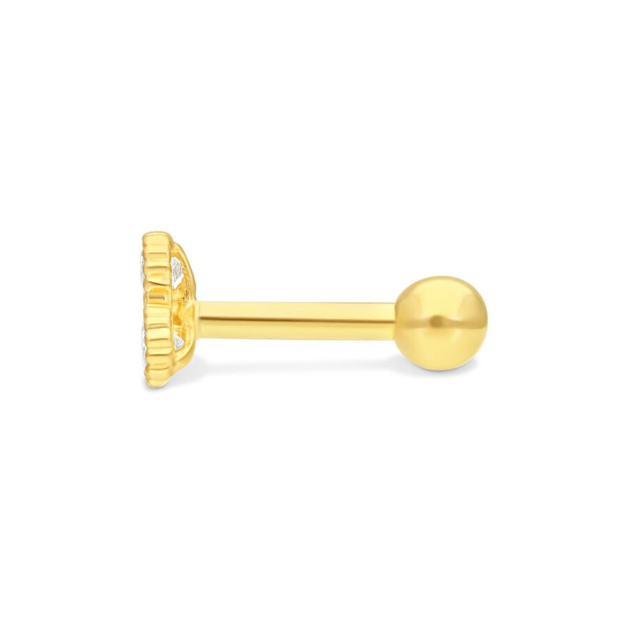 Barbell de Oro 18K para la Oreja con Diseño de Hoja Barbell de oro para la oreja con diseño de hoja y adorno de cristal sobre fondo blanco