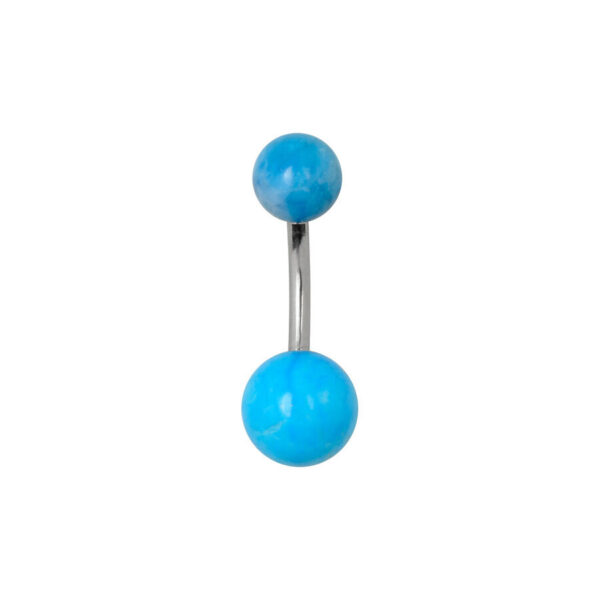 Piercing de ombligo de titanio con dos bolas azules sobre fondo blanco