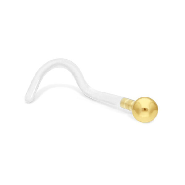 Pendiente nasal de Bioplast transparente con bola dorada sobre fondo blanco