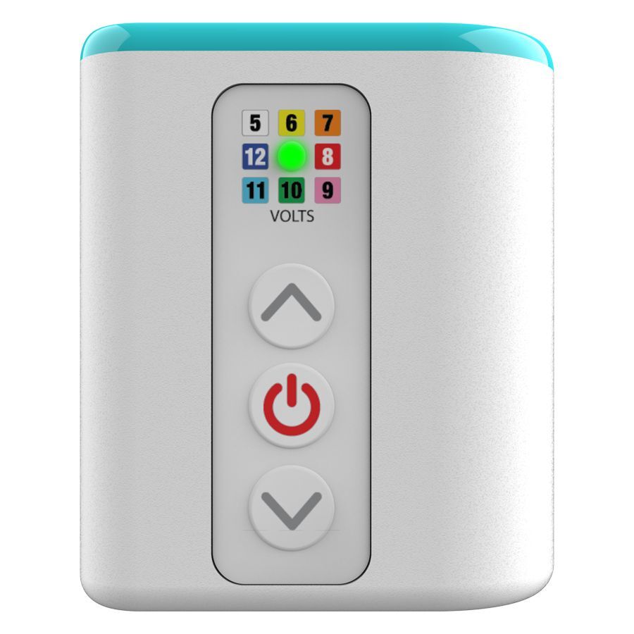 Blanco Airbolt Mini batería con pantalla LED Batería blanca con pantalla LED y botones sobre fondo blanco