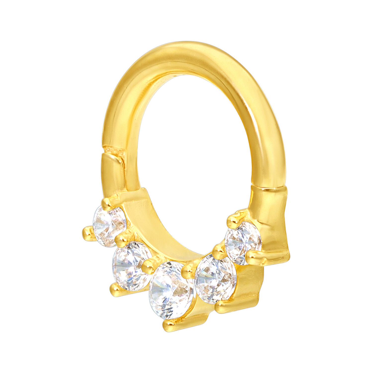 Anillo de piercing dorado con cinco cristales claros sobre fondo blanco