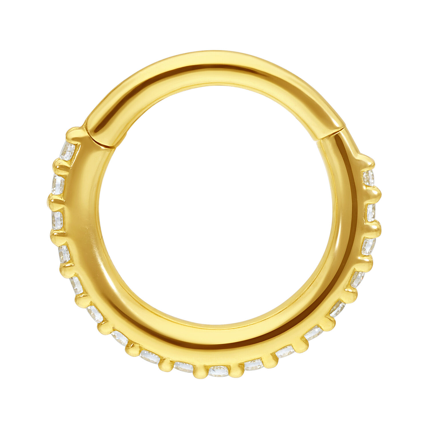 Anillo de piercing dorado de 18K con cristales claros sobre fondo blanco
