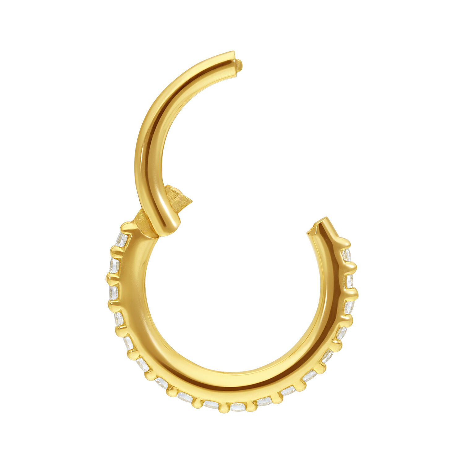 Anillo de piercing dorado con cristales claros sobre fondo blanco