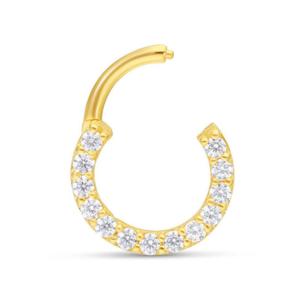 Aro de septum dorado con cristales claros, grosor de 1,2 mm, diámetro interno de 8,0 mm sobre fondo blanco
