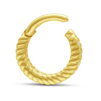 14K Gold Kristall Klapp-Ring Piercing Aro dorado con bisagra y cristales, diseño en espiral, sobre fondo blanco