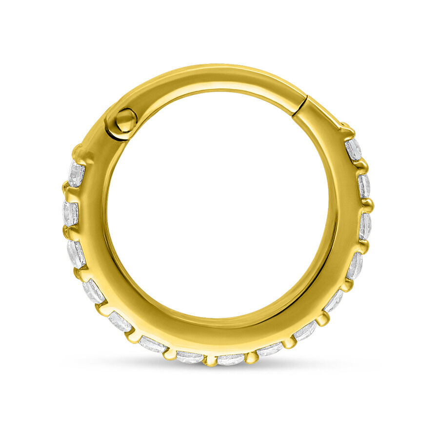 14K Gold aro con bisagra y cristales Aro con bisagra dorado con cristales claros sobre fondo blanco