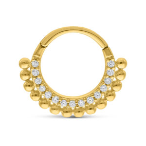 Clicker dorado de 14K Gold con pequeños cristales sobre fondo blanco